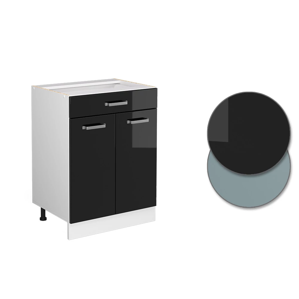 Nahaufnahme von Küchenunterschrank in Schwarz Hochglanz, zeigt Design- und Oberflächendetails