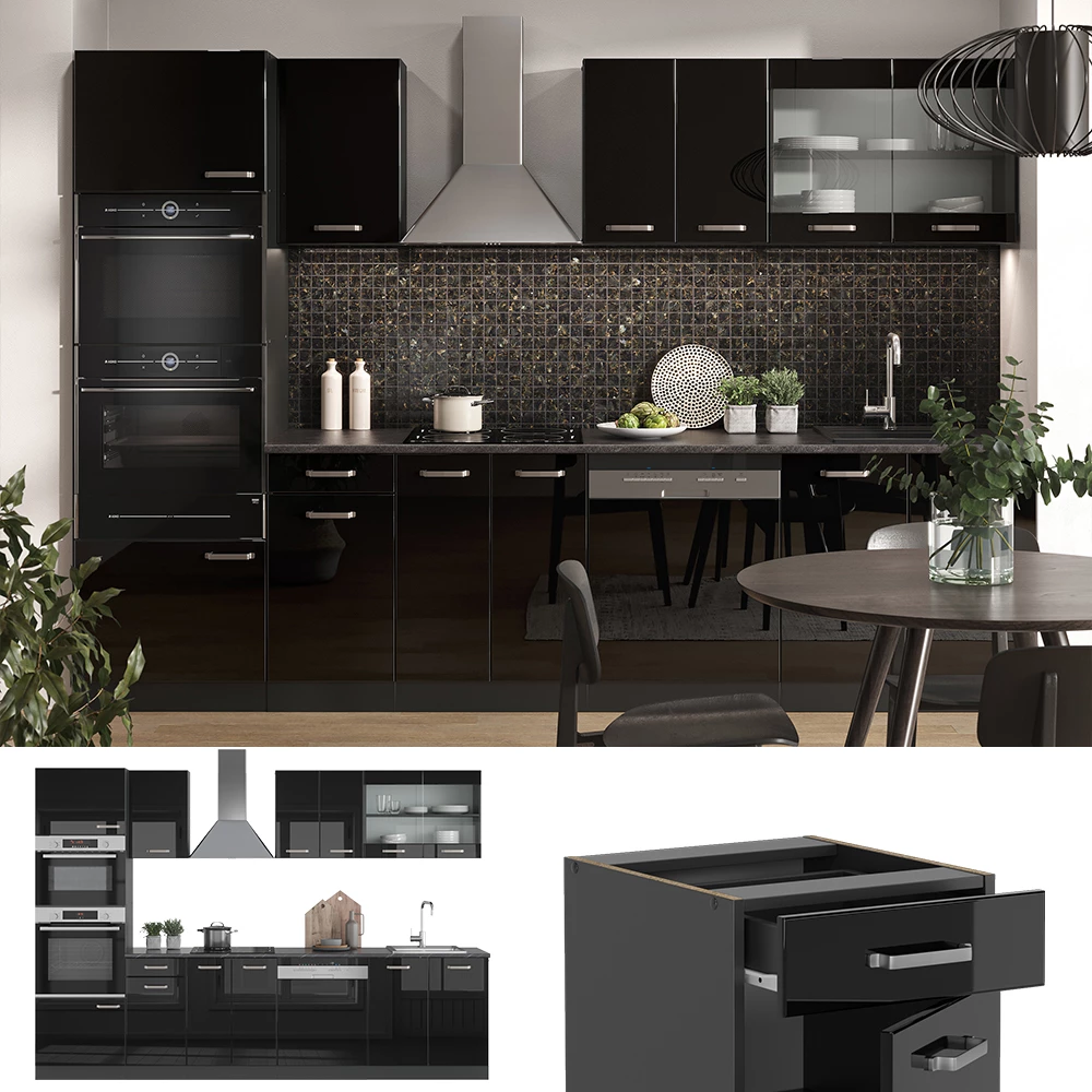 Vicco Küchenzeile "R-Line", Schwarz Hochglanz/Anthrazit, 300 cm mit Hochschrank, ohne Arbeitsplatte