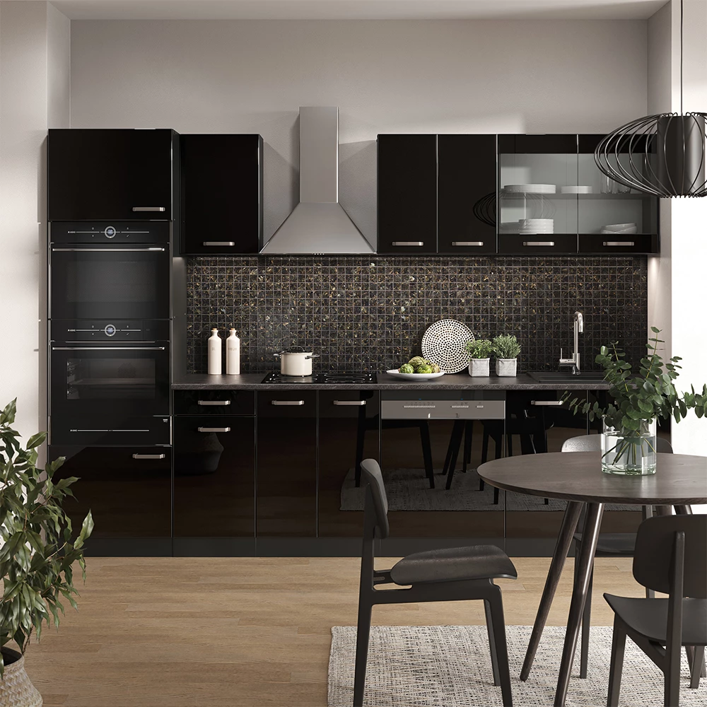 Vicco Küchenzeile "R-Line", Schwarz Hochglanz/Anthrazit, 300 cm mit Hochschrank, ohne Arbeitsplatte