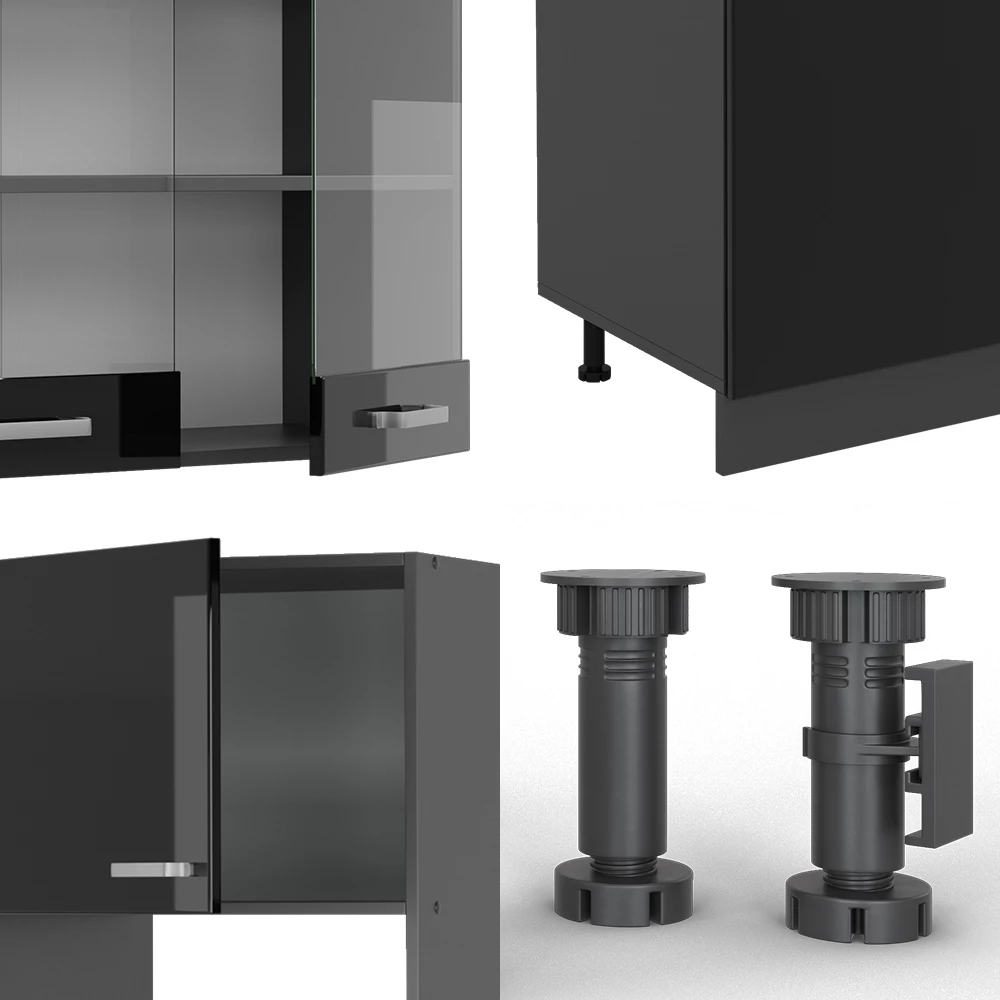 Vicco Küchenzeile "R-Line", Schwarz Hochglanz/Anthrazit, 300 cm mit Hochschrank, ohne Arbeitsplatte