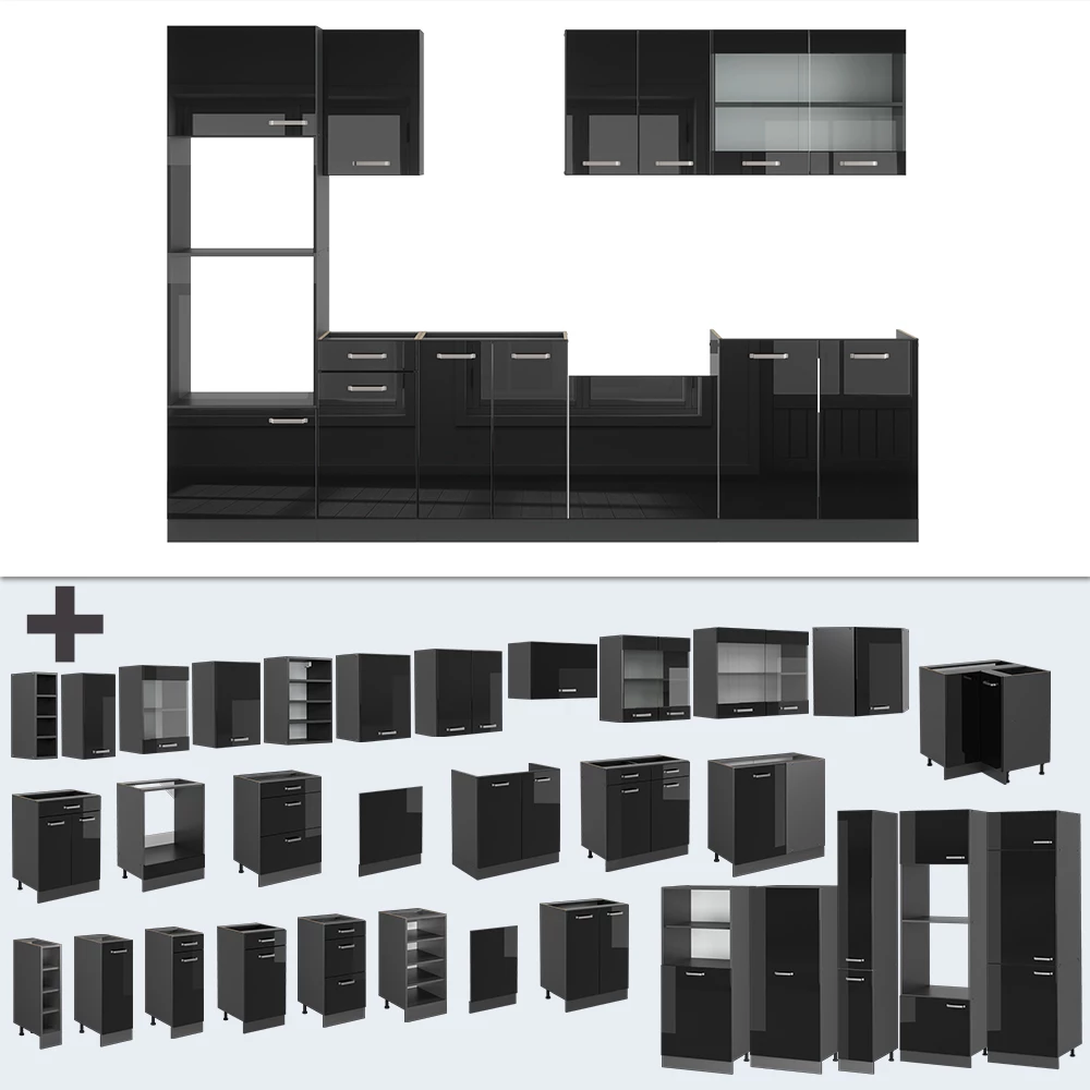 Vicco Küchenzeile "R-Line", Schwarz Hochglanz/Anthrazit, 300 cm mit Hochschrank, ohne Arbeitsplatte