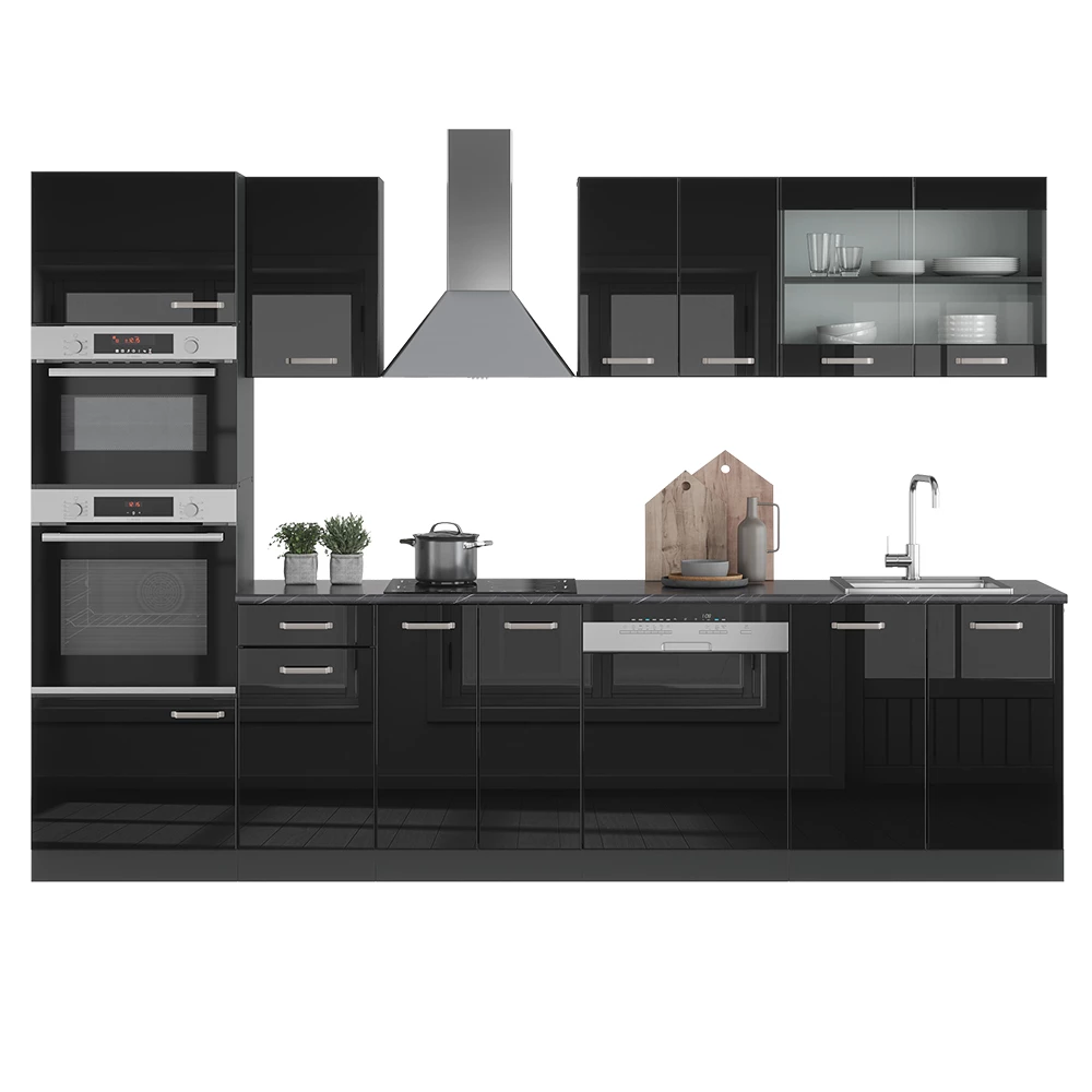 Vicco Küchenzeile "R-Line", Schwarz Hochglanz/Anthrazit, 300 cm mit Hochschrank, ohne Arbeitsplatte