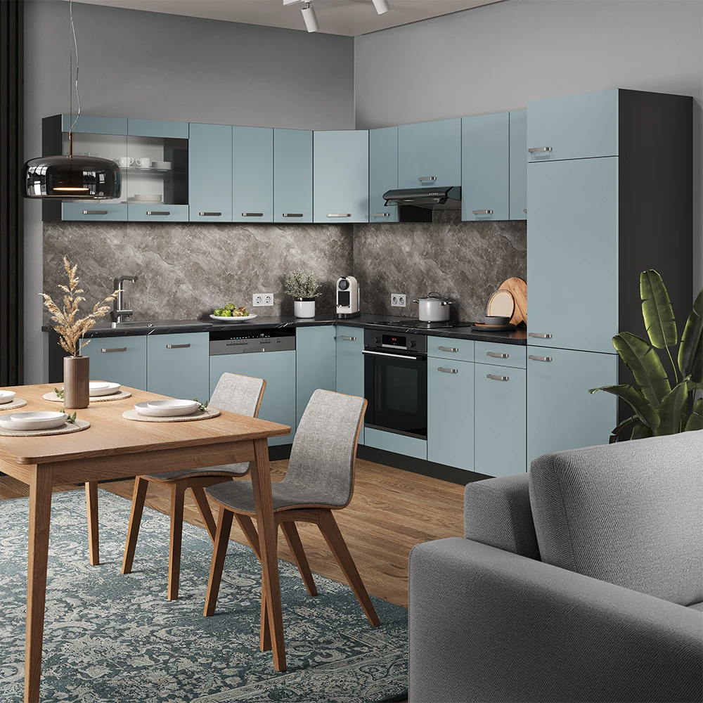 Close-up van Hoekkeuken in Blauw-grijs/antraciet, met textuur/details