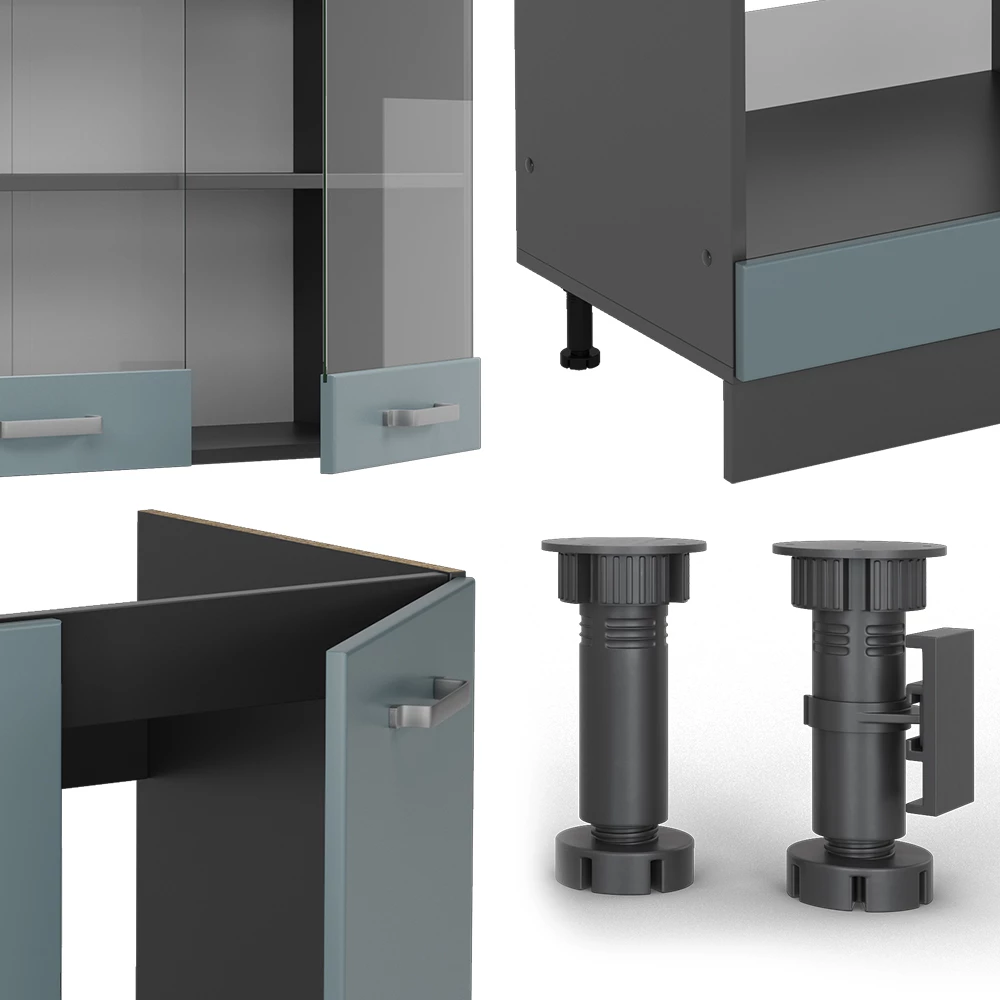 Close-up van Hoekkeuken in Blauw-grijs/antraciet, met ontwerp- en oppervlakte-details