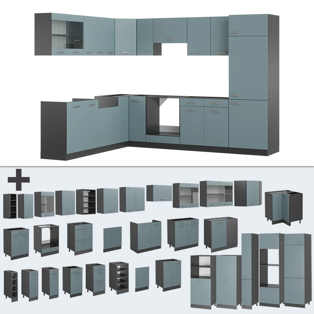 Hoekkeuken in Blauw-grijs/antraciet op een witte achtergrond met decoratieve elementen