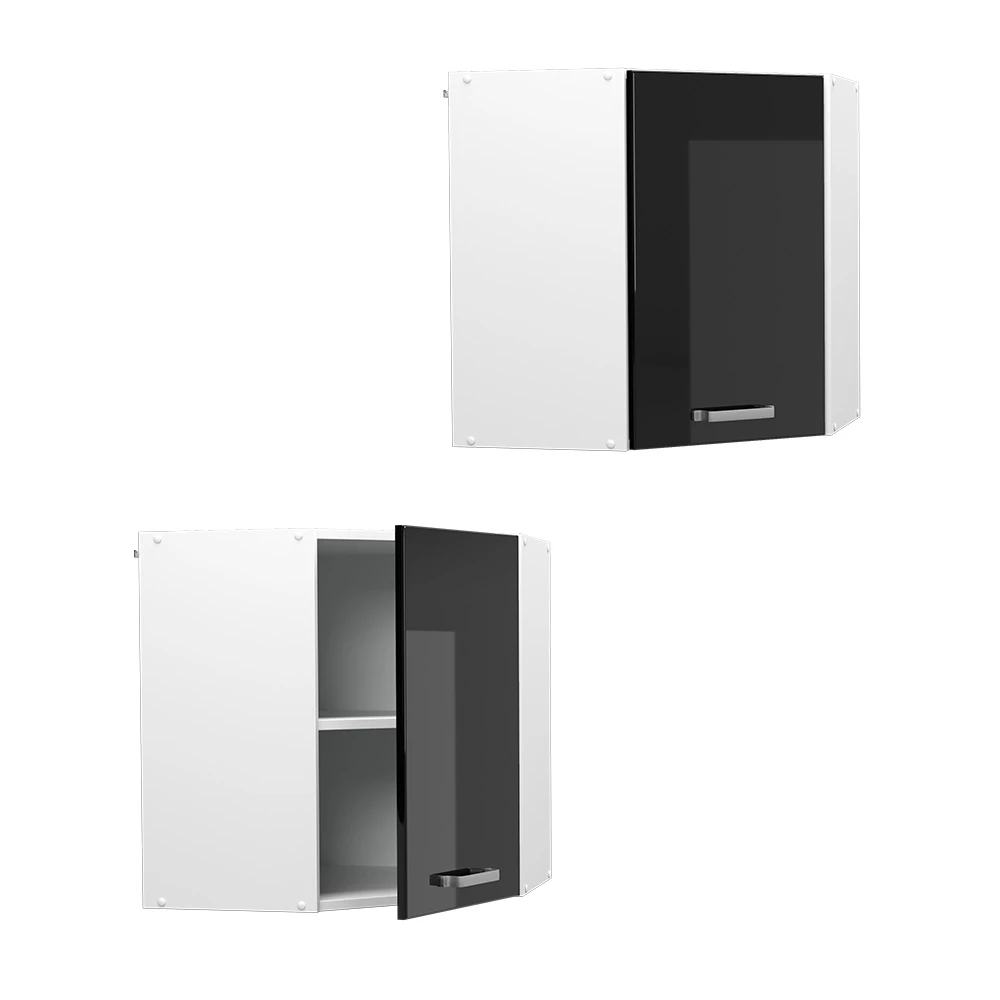 Nahaufnahme von Hängeschrank in Schwarz Hochglanz, zeigt Design- und Oberflächendetails