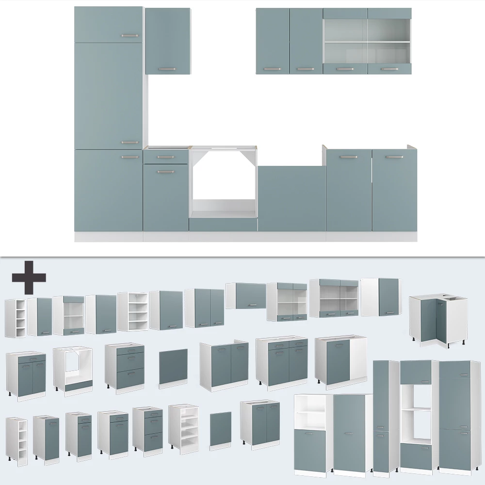 Keukenblok in Blauw-grijs op een witte achtergrond met decoratieve elementen