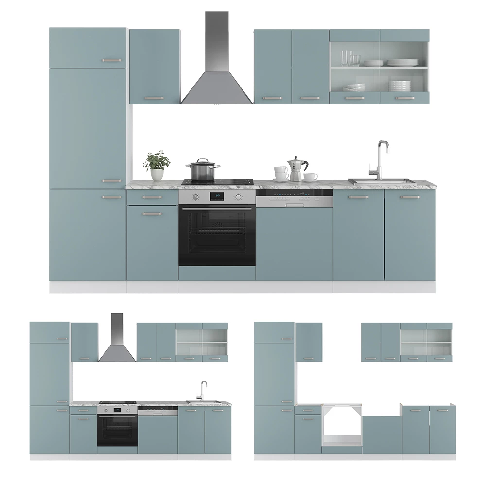 Keukenblok in Blauw-grijs/wit op een witte achtergrond met decoratieve elementen