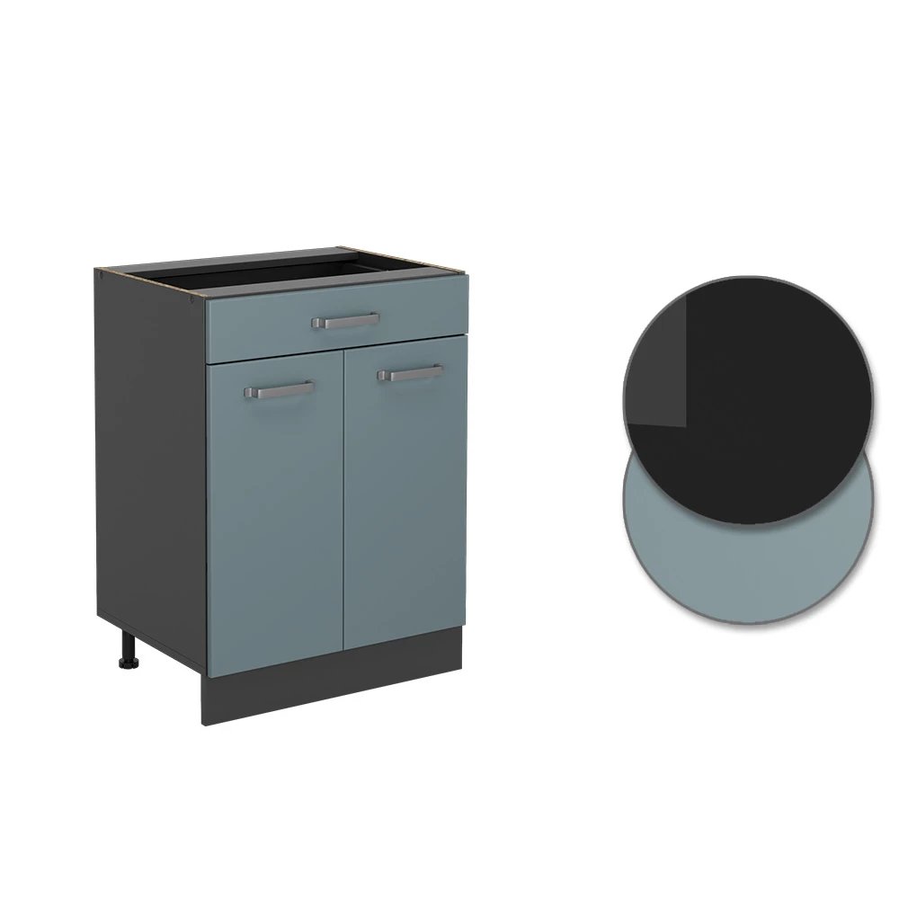 Nahaufnahme von Küchenunterschrank in Blau-Grau, zeigt Design- und Oberflächendetails
