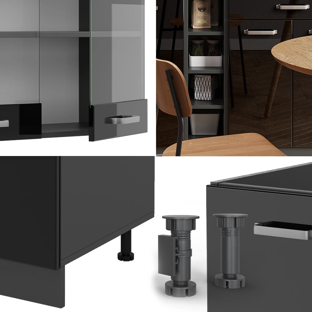 Nahaufnahme von Singleküche in Schwarz Hochglanz/Anthrazit, zeigt Design- und Oberflächendetails
