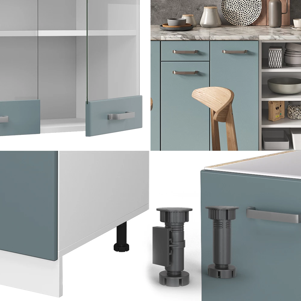 Nahaufnahme von Küchenzeile in Blau-Grau/Weiß, zeigt Design- und Oberflächendetails