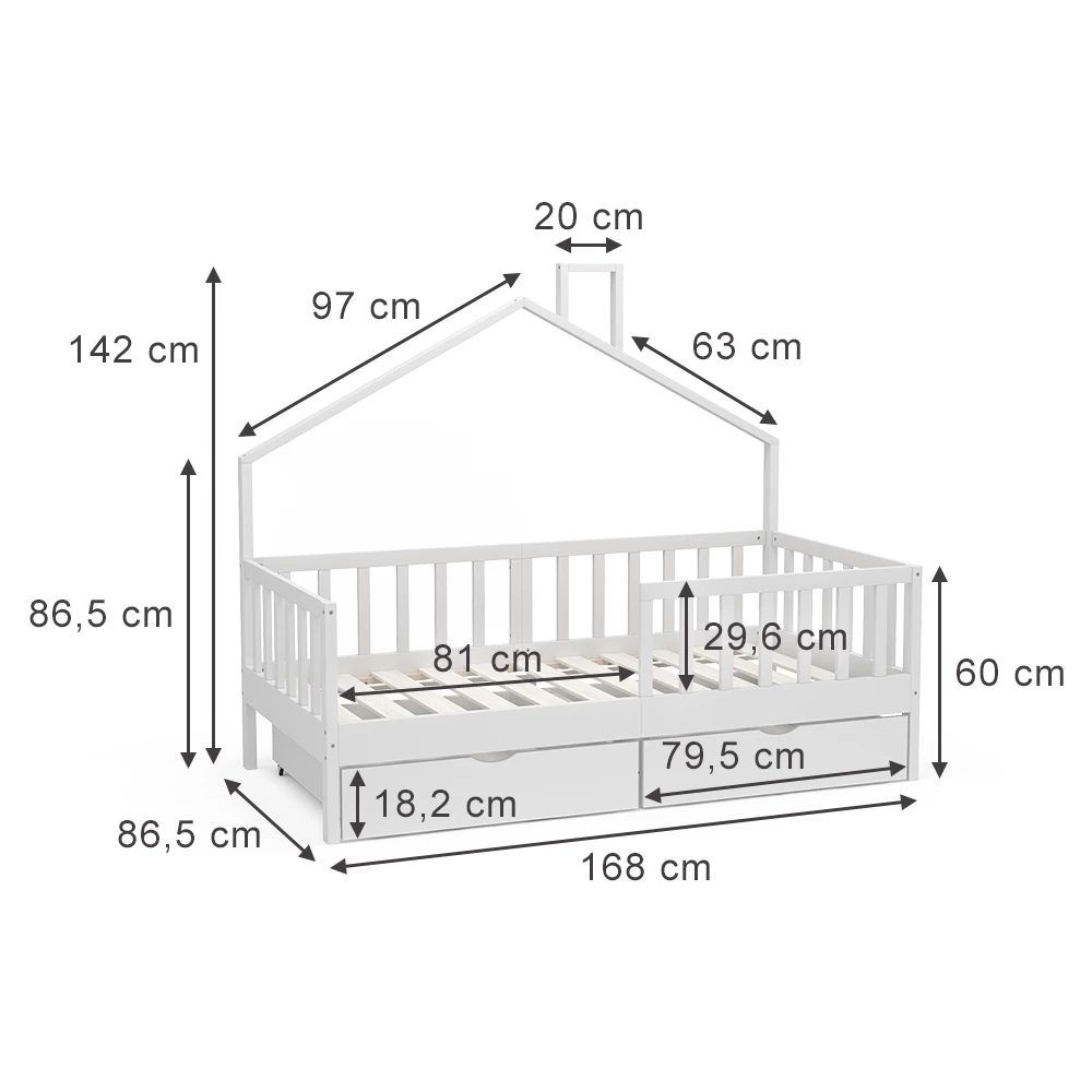 Vitalispa Lit de maison Blanc 80x160 cm 2 tiroirs, Justus