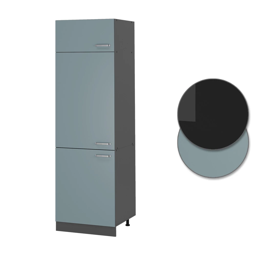 Nahaufnahme von Kühlumbauschrank in Blau-Grau, zeigt Design- und Oberflächendetails