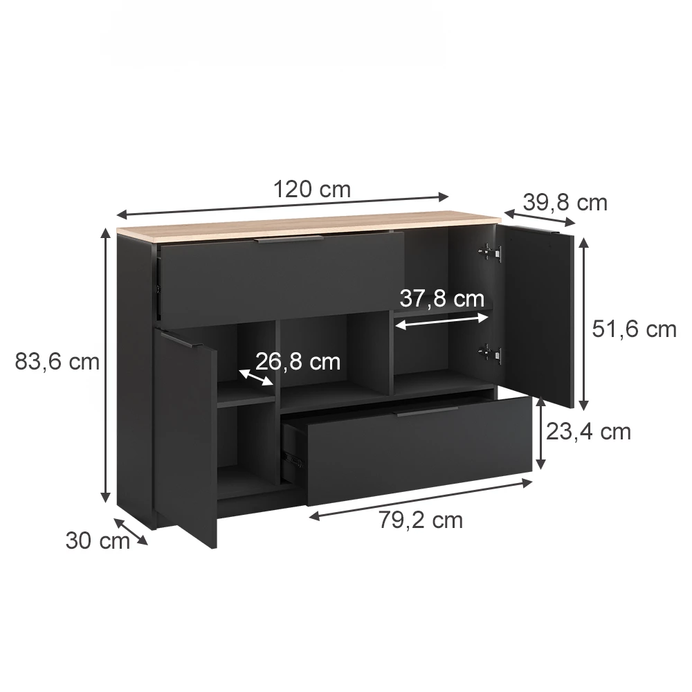 Kommode in Anthrazit/Sonoma auf weißem Hintergrund mit sichtbaren Maßen