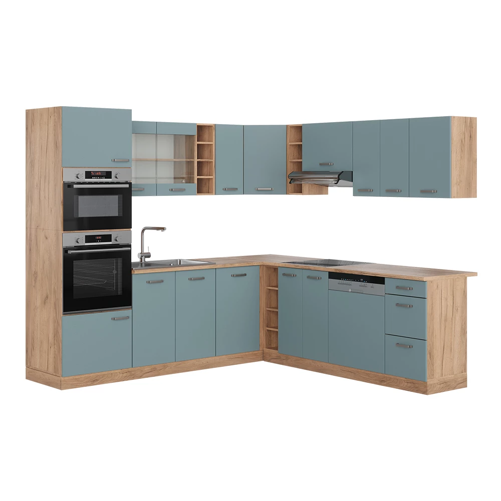 Vicco Eckküche "R-Line", Blau-Grau/Goldkraft Eiche, 237 x 247 cm ohne Arbeitsplatte