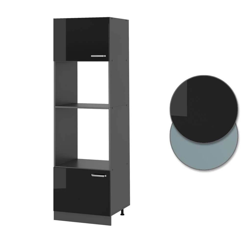 Nahaufnahme von Mikrowellenschrank in Schwarz Hochglanz, zeigt Design- und Oberflächendetails