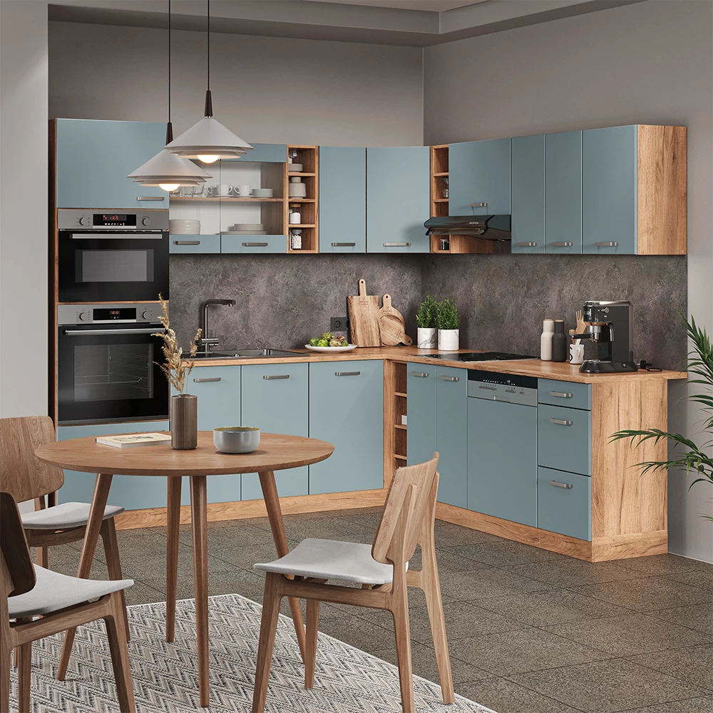 Vicco Eckküche "R-Line", Blau-Grau/Goldkraft Eiche, 237 x 247 cm ohne Arbeitsplatte