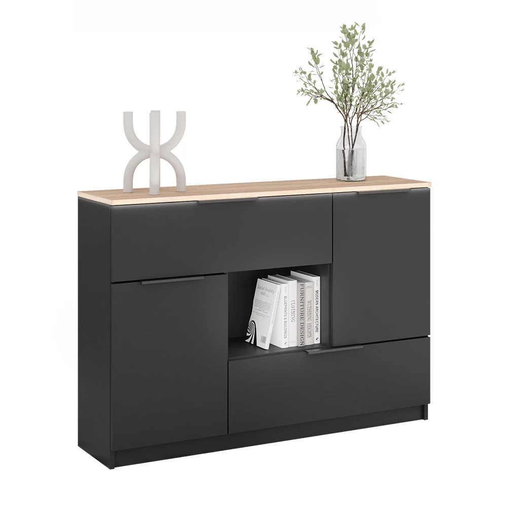 Kommode in Anthrazit/Sonoma auf weißem Hintergrund mit dekorativen Elementen