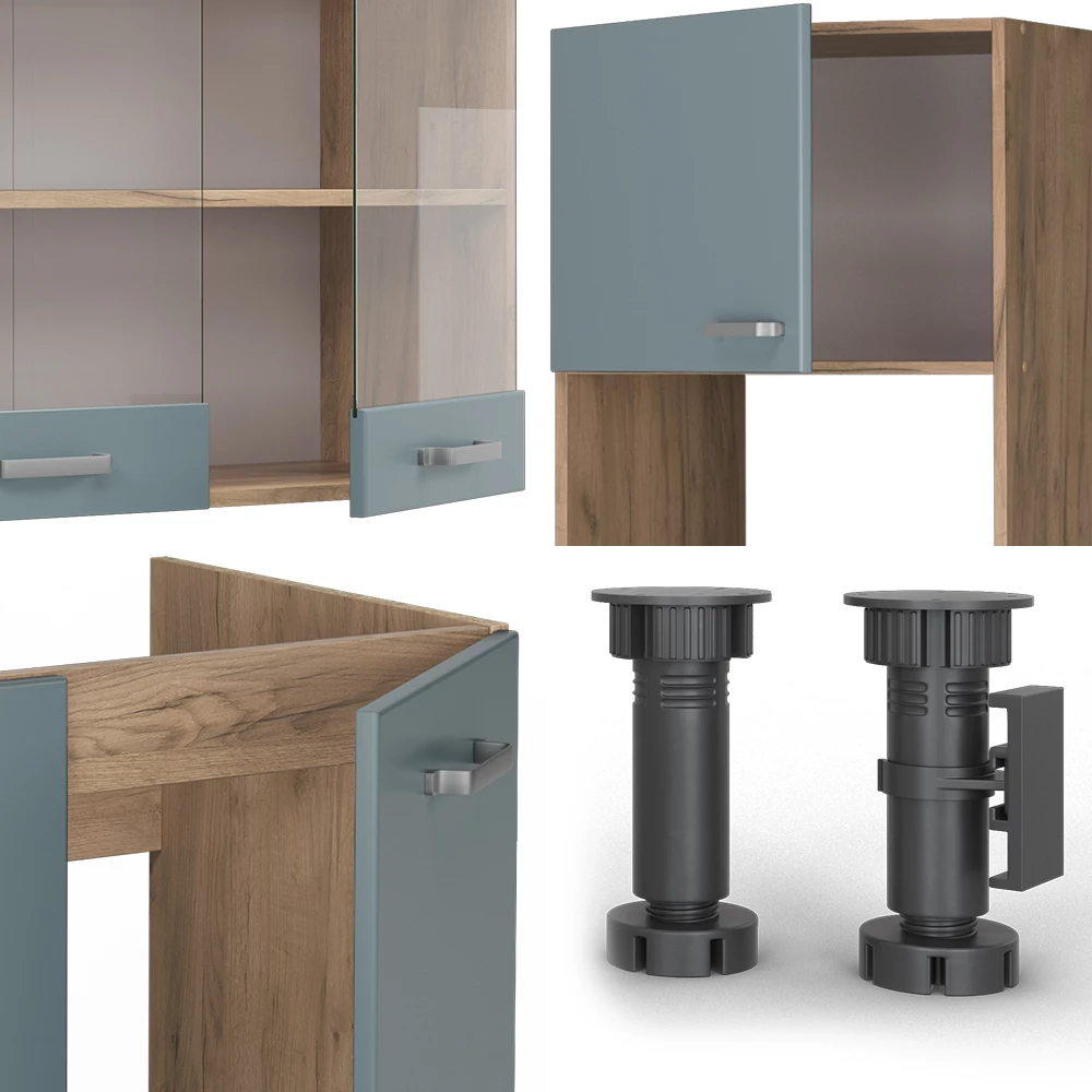 Nahaufnahme von Eckküche in Blau-Grau/Goldkraft Eiche, zeigt Design- und Oberflächendetails