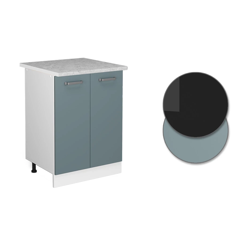 Nahaufnahme von Unterschrank in Blau-Grau, zeigt Design- und Oberflächendetails