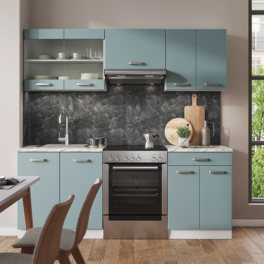 Vicco Küchenzeile "R-Line", Blau-Grau/Weiß, 200 cm ohne Arbeitsplatte
