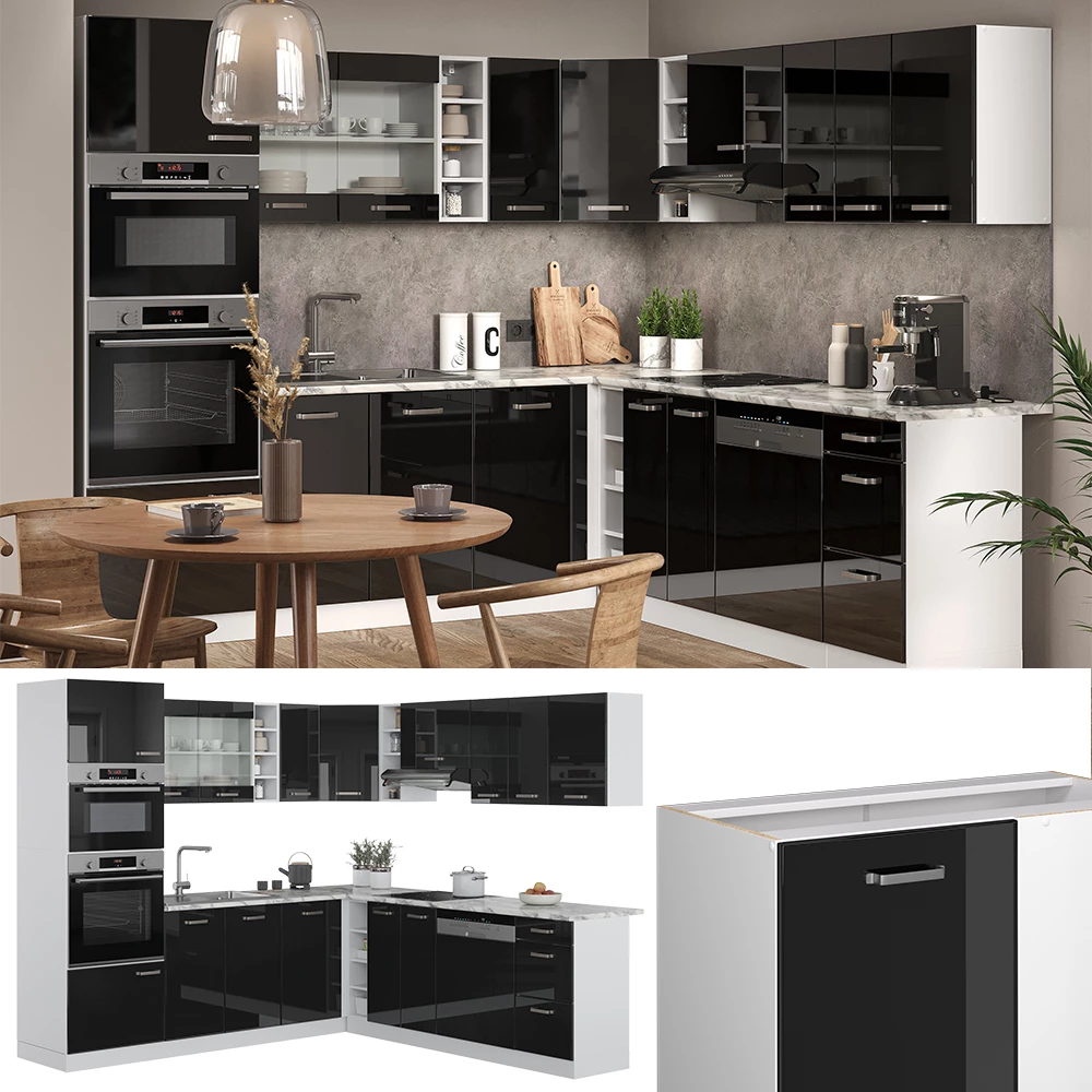Vicco Eckküche "R-Line", Schwarz Hochglanz/Weiß, 237 x 247 cm ohne Arbeitsplatte