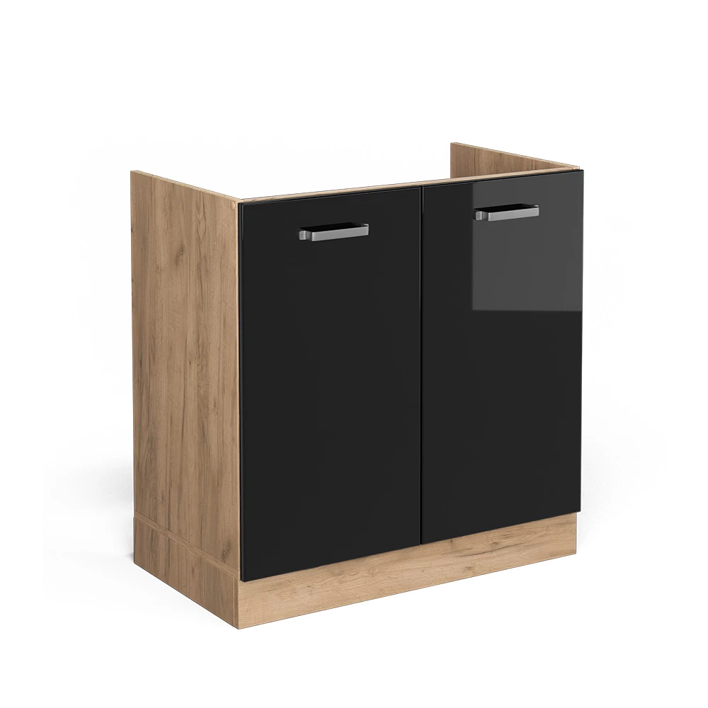 Vicco Spülenunterschrank "R-Line", Schwarz Hochglanz/Goldkraft Eiche, 80 cm ohne Arbeitsplatte