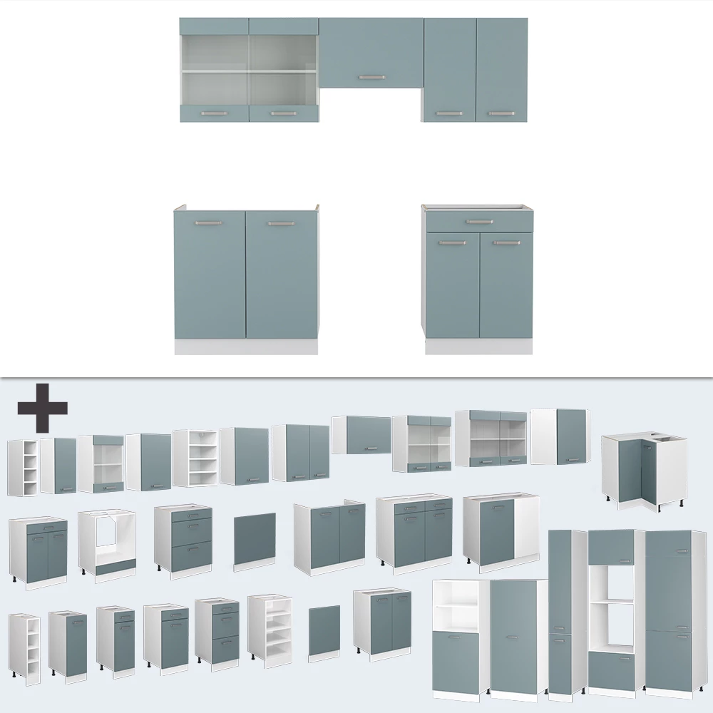 Vicco Küchenzeile "R-Line", Blau-Grau/Weiß, 200 cm ohne Arbeitsplatte
