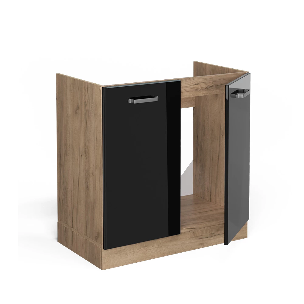 Vicco Spülenunterschrank "R-Line", Schwarz Hochglanz/Goldkraft Eiche, 80 cm ohne Arbeitsplatte