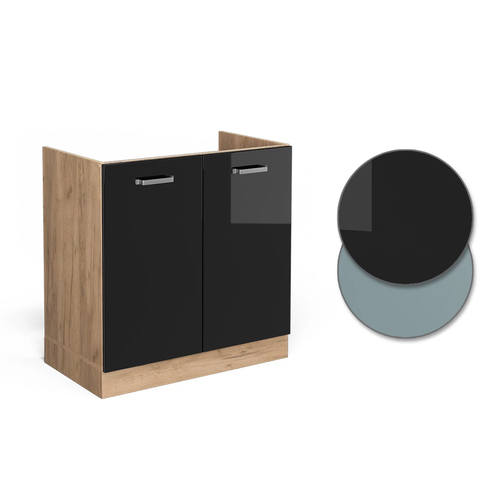 Nahaufnahme von Spülenunterschrank in Schwarz Hochglanz, zeigt Design- und Oberflächendetails