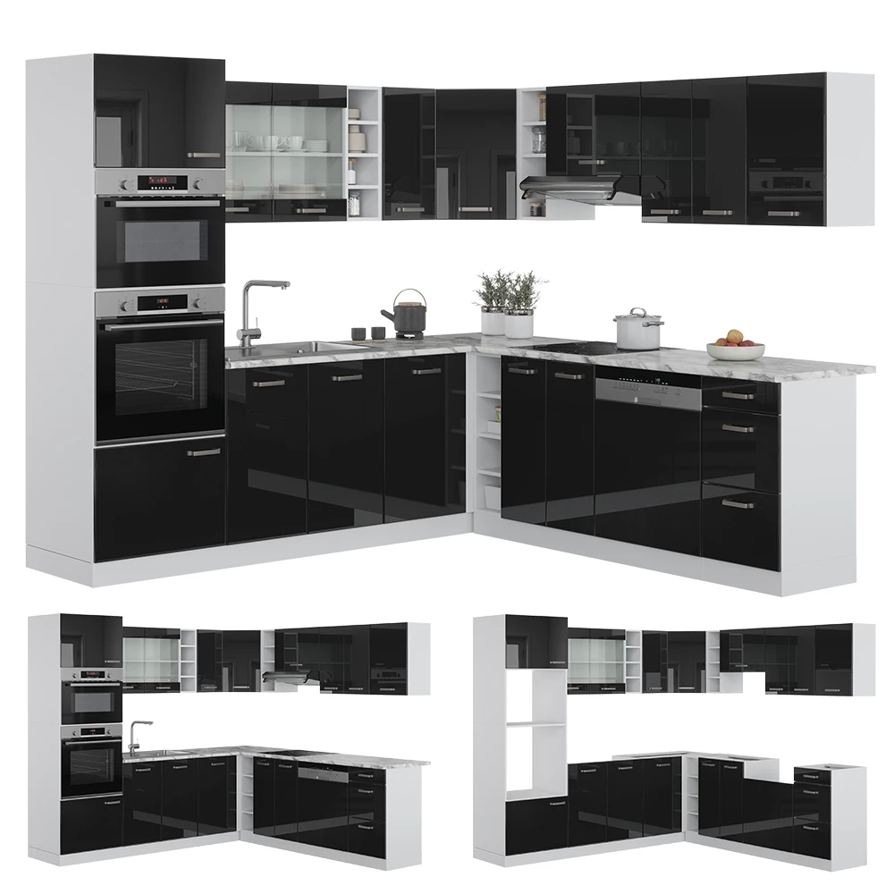 Vicco Eckküche "R-Line", Schwarz Hochglanz/Weiß, 237 x 247 cm ohne Arbeitsplatte