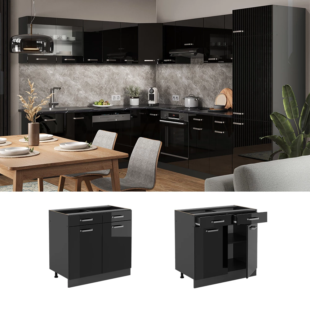 Keukenonderkast in Zwart hoogglans, getoond in een sfeervolle omgeving en op een witte achtergrond