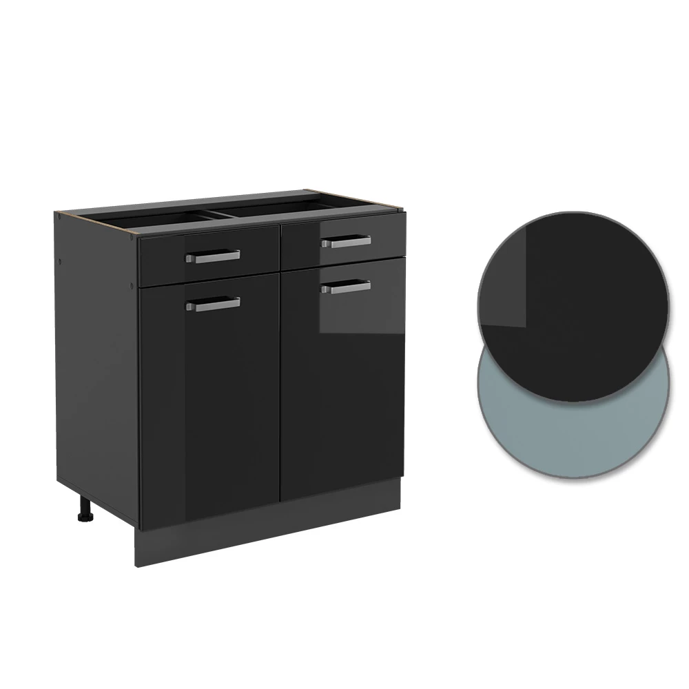 Close-up van Keukenonderkast in Zwart hoogglans, met ontwerp- en oppervlakte-details