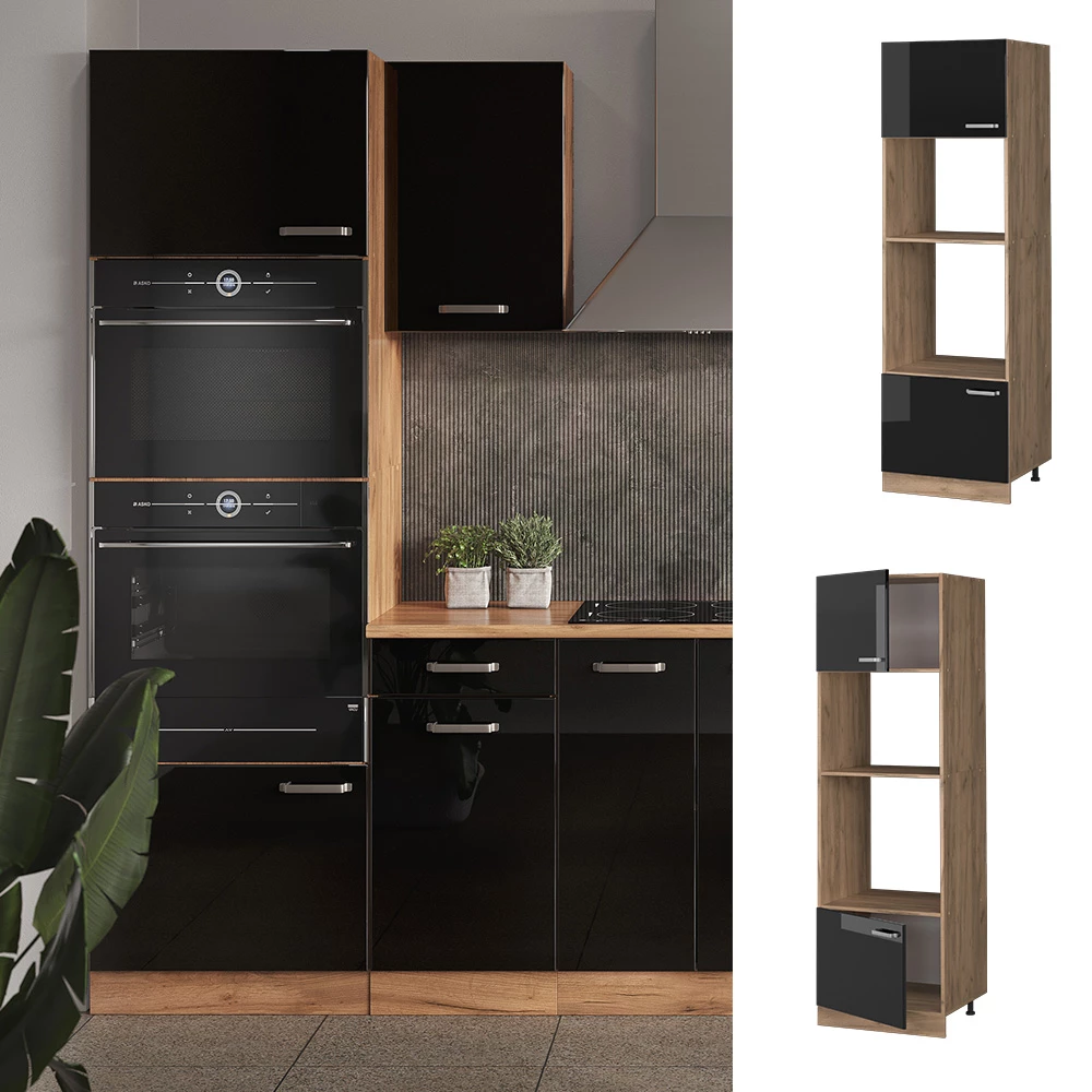 Mikrowellenschrank in Schwarz Hochglanz, dargestellt im Ambiente und auf weißem Hintergrund