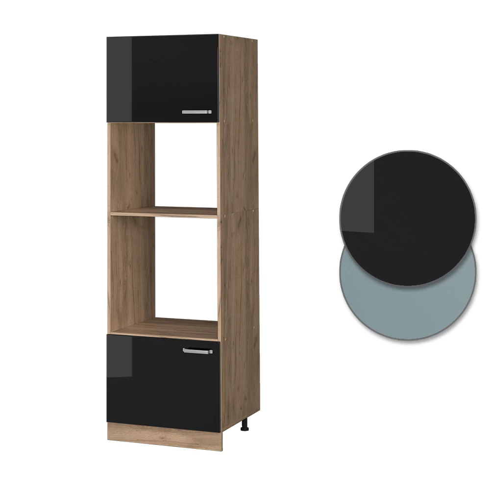 Nahaufnahme von Mikrowellenschrank in Schwarz Hochglanz, zeigt Design- und Oberflächendetails