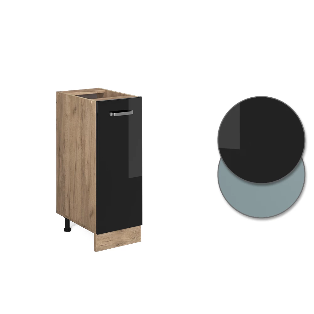 Nahaufnahme von Apothekerschrank in Schwarz Hochglanz, zeigt Design- und Oberflächendetails