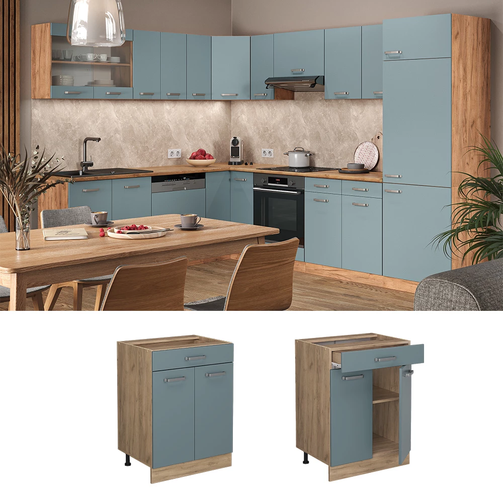 Küchenunterschrank in Blau-Grau, dargestellt im Ambiente und auf weißem Hintergrund