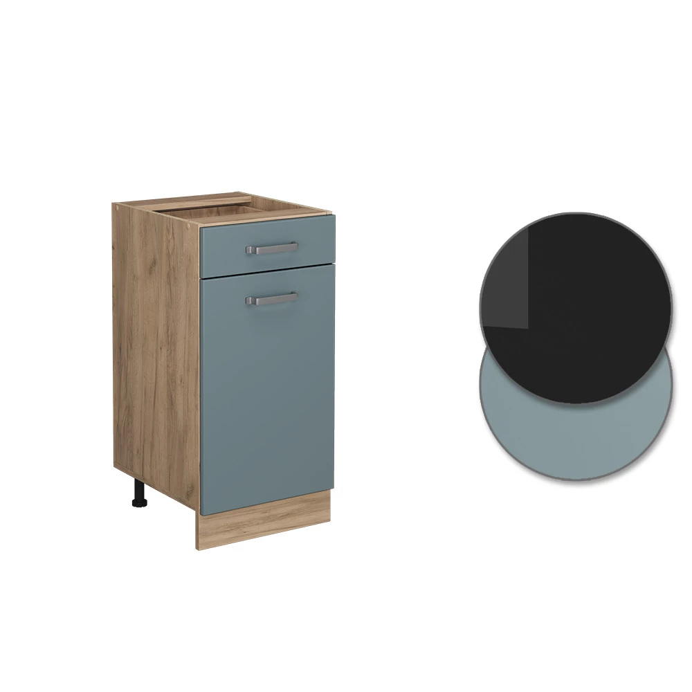 Nahaufnahme von Küchenunterschrank in Blau-Grau, zeigt Design- und Oberflächendetails