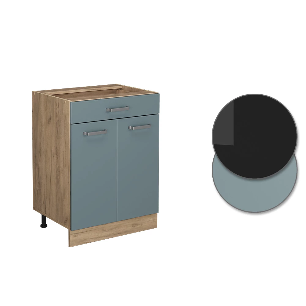 Nahaufnahme von Küchenunterschrank in Blau-Grau, zeigt Design- und Oberflächendetails