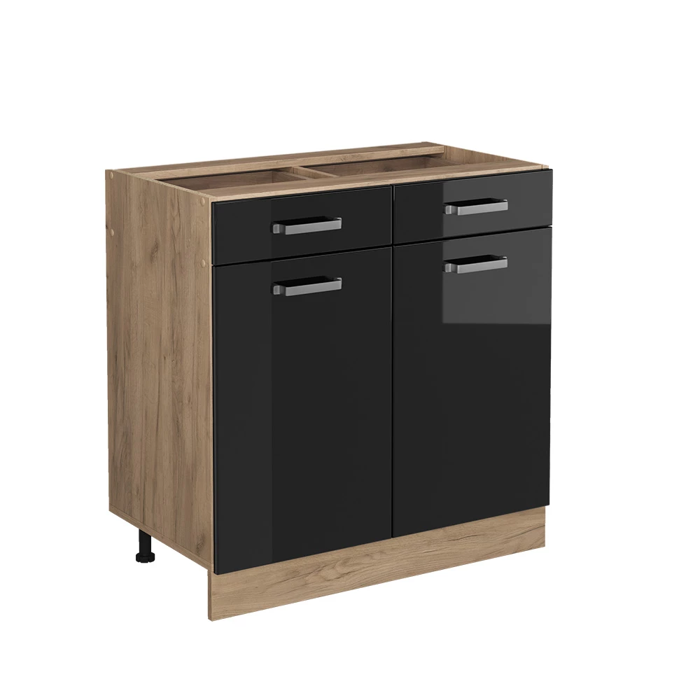 Vicco Küchenunterschrank "R-Line", Schwarz Hochglanz/Goldkraft Eiche, 80 cm ohne Arbeitsplatte