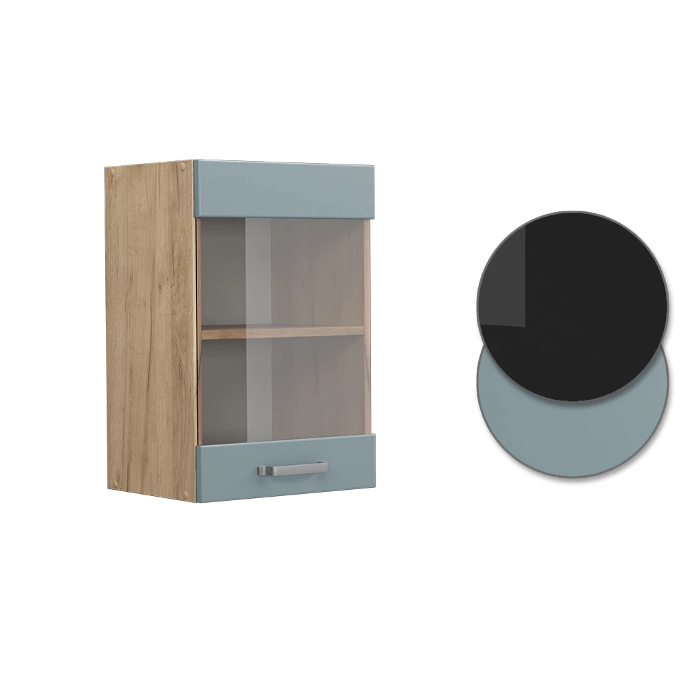 Nahaufnahme von Küchenglasschrank in Blau-Grau, zeigt Design- und Oberflächendetails