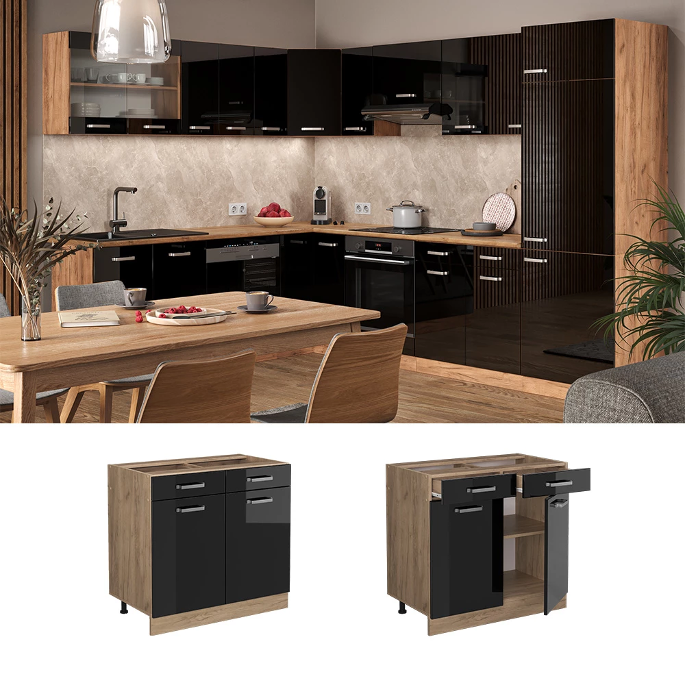 Vicco Küchenunterschrank "R-Line", Schwarz Hochglanz/Goldkraft Eiche, 80 cm ohne Arbeitsplatte