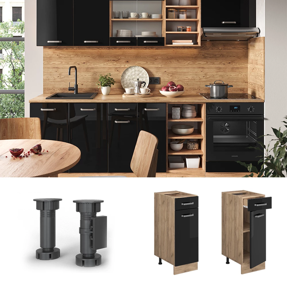Vicco Küchenunterschrank "R-Line", Schwarz Hochglanz/Goldkraft Eiche, 30 cm ohne Arbeitsplatte