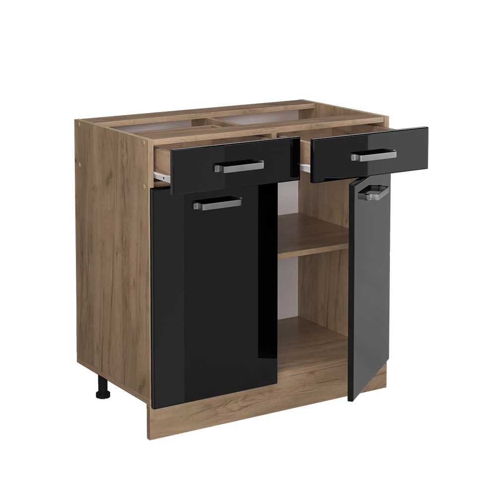 Vicco Küchenunterschrank "R-Line", Schwarz Hochglanz/Goldkraft Eiche, 80 cm ohne Arbeitsplatte