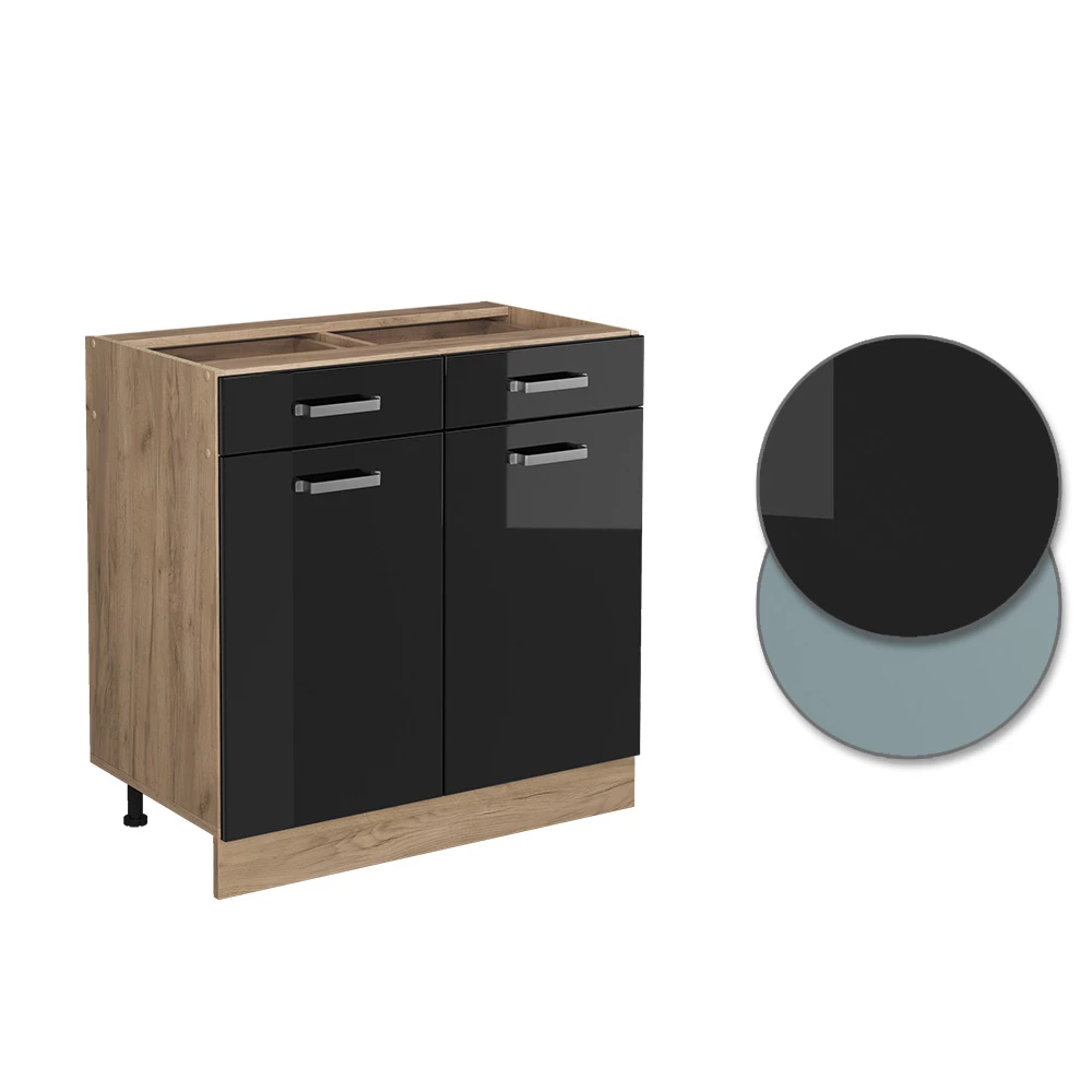 Vicco Küchenunterschrank "R-Line", Schwarz Hochglanz/Goldkraft Eiche, 80 cm ohne Arbeitsplatte