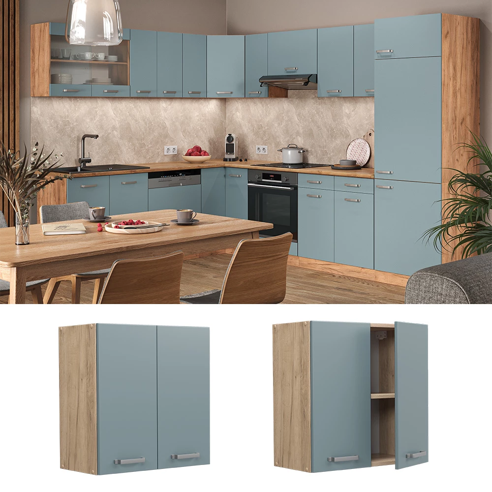 Vicco Hängeschrank R-Line, hängender Küchenschrank, Blau-Grau/Goldkraft Eiche, 60 cm
