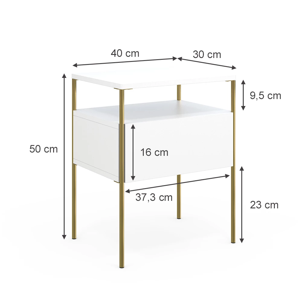 Nachttisch in Weiß/Gold auf weißem Hintergrund mit sichtbaren Maßen