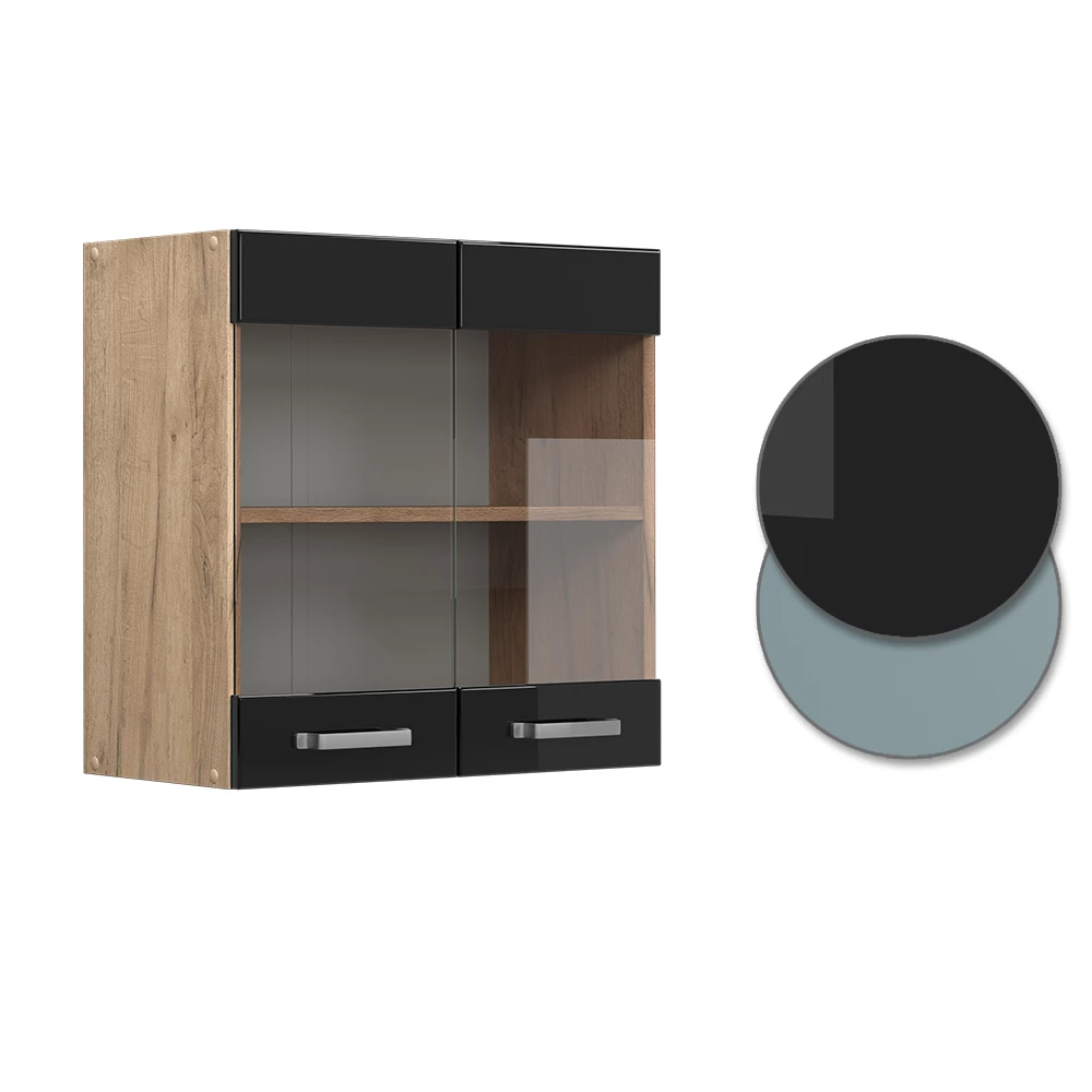 Nahaufnahme von Küchenglasschrank in Schwarz Hochglanz, zeigt Design- und Oberflächendetails