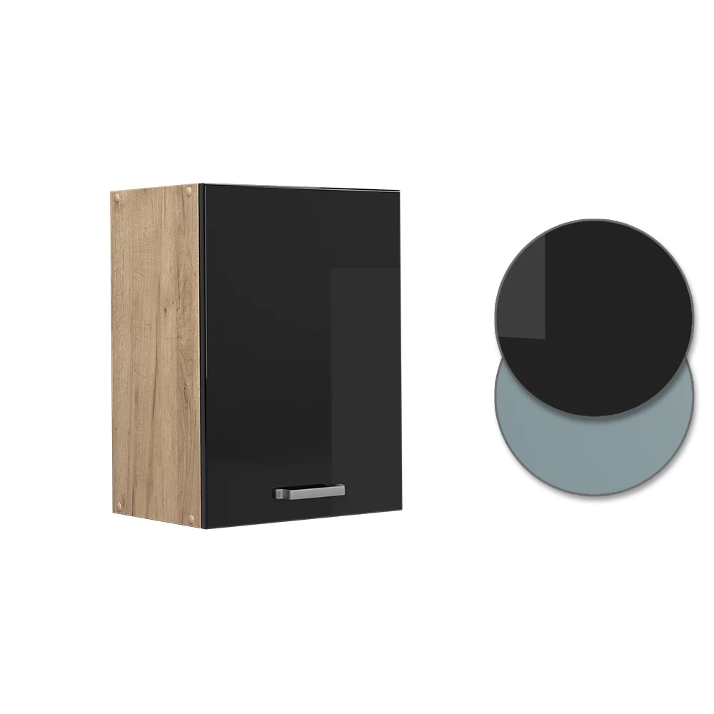 Nahaufnahme von Hängeschrank in Schwarz Hochglanz, zeigt Design- und Oberflächendetails