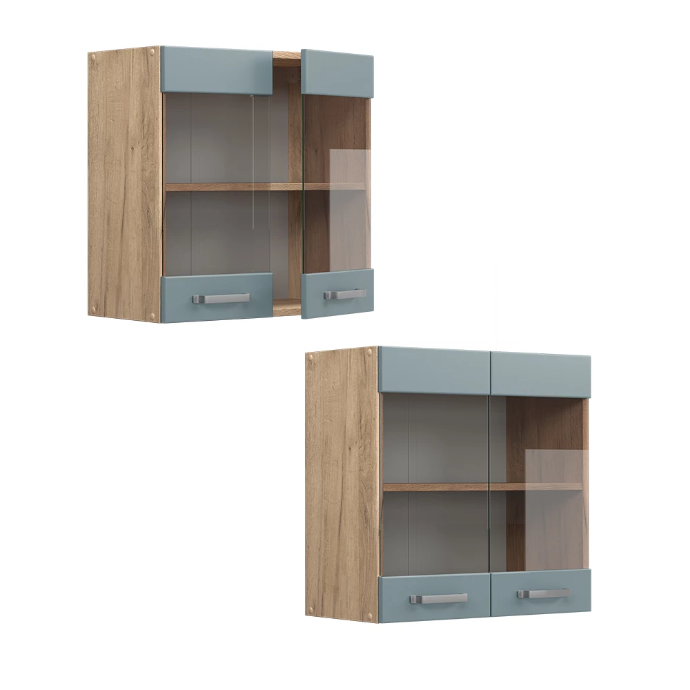 Vicco Küchenglasschrank "R-Line", Blau-Grau/Goldkraft Eiche, 60 cm